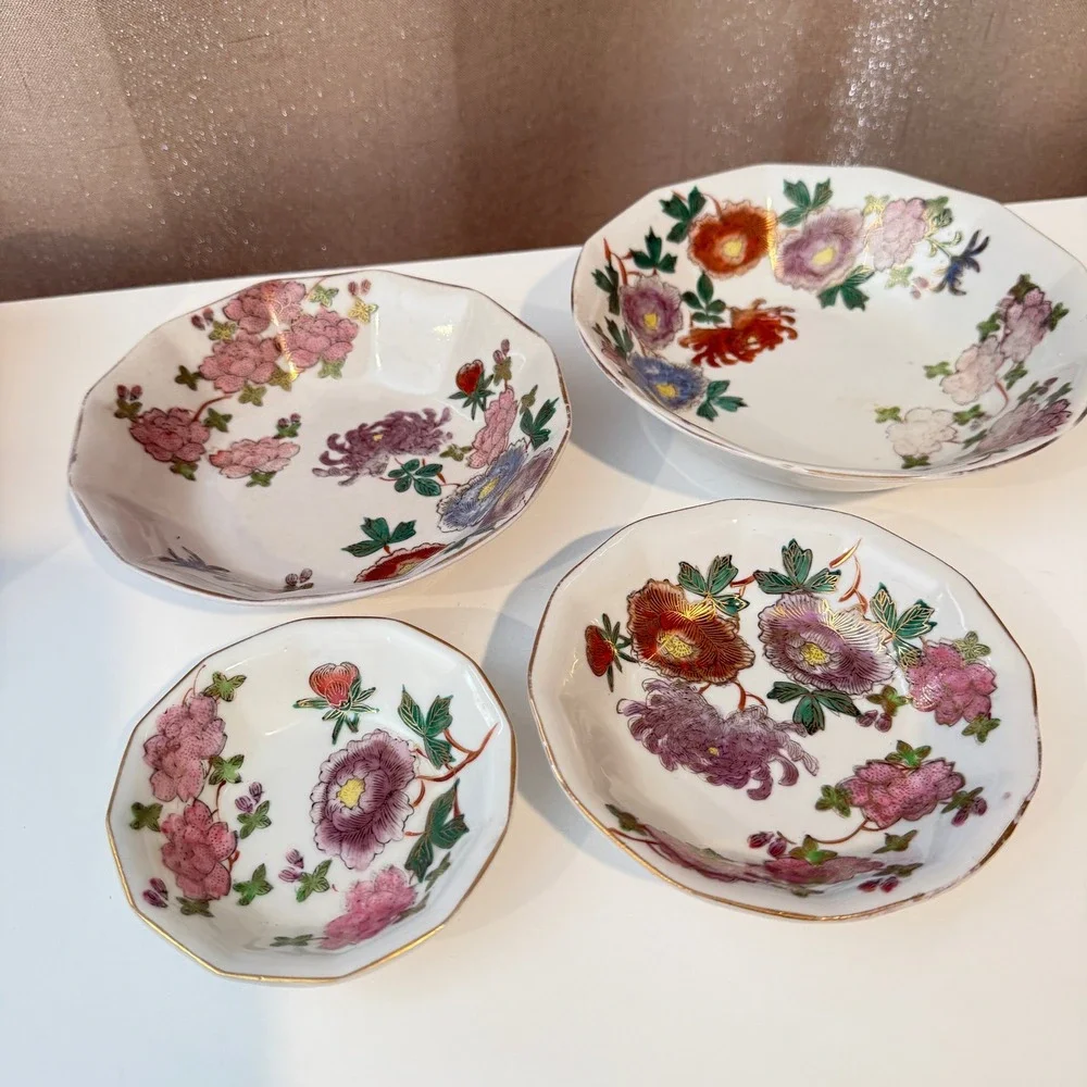 Vintage Japanese Kutani Porcelain Tea Set Floral Chrysanthemum Gold Gilt